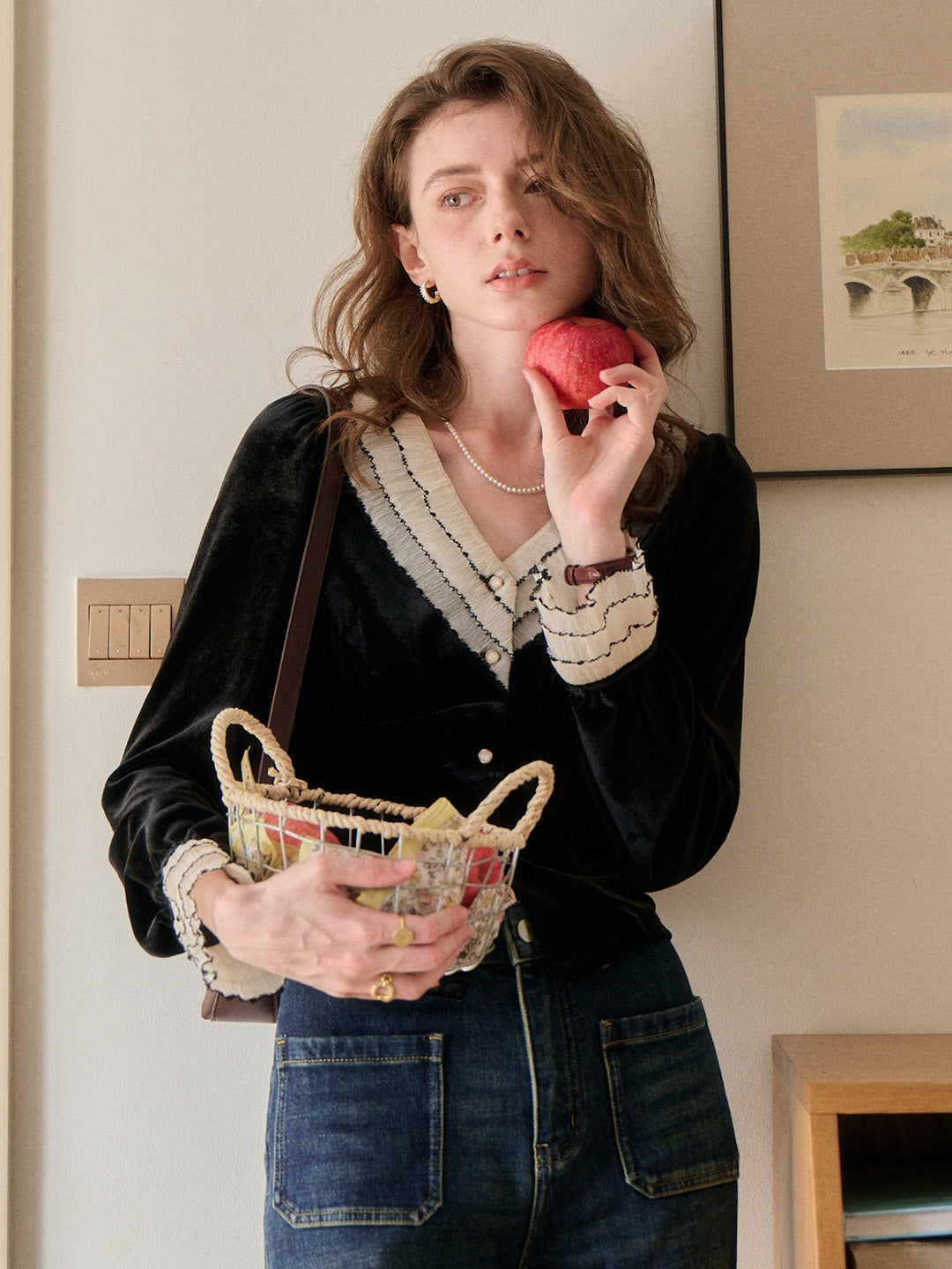 Angie V-Neck Velvet Blouse