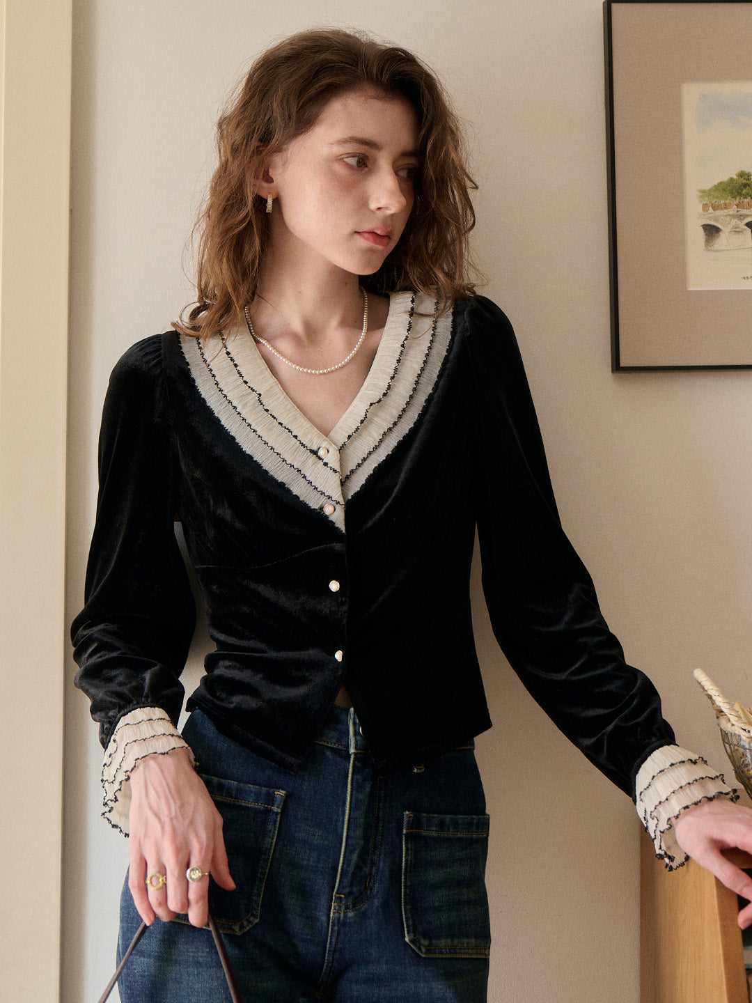 Angie V-Neck Velvet Blouse