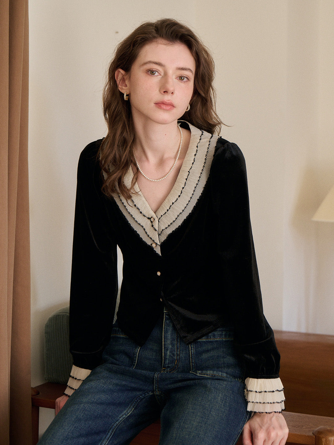 Angie V-Neck Velvet Blouse