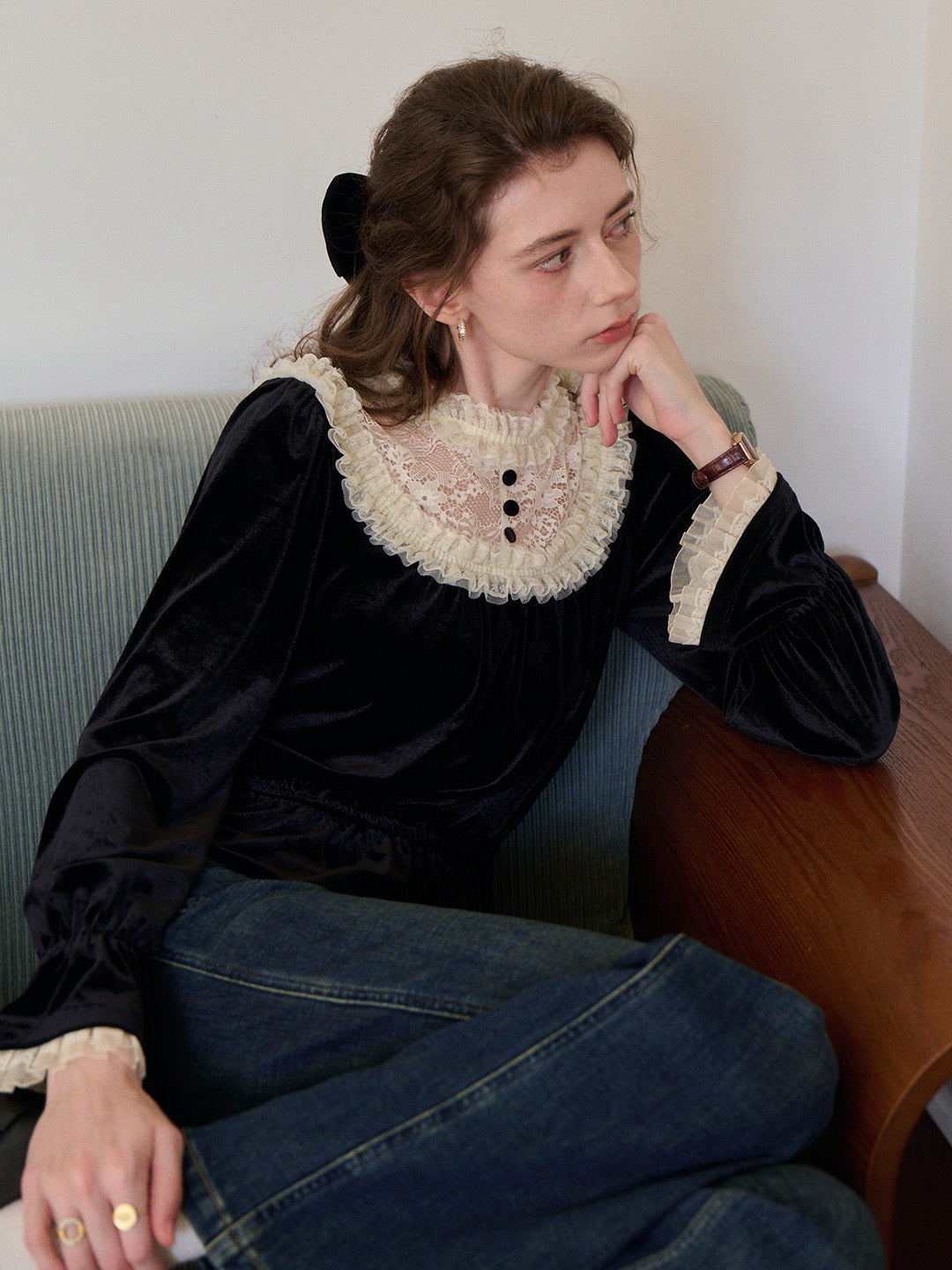 Elodie Lace Collar Velvet Blouse