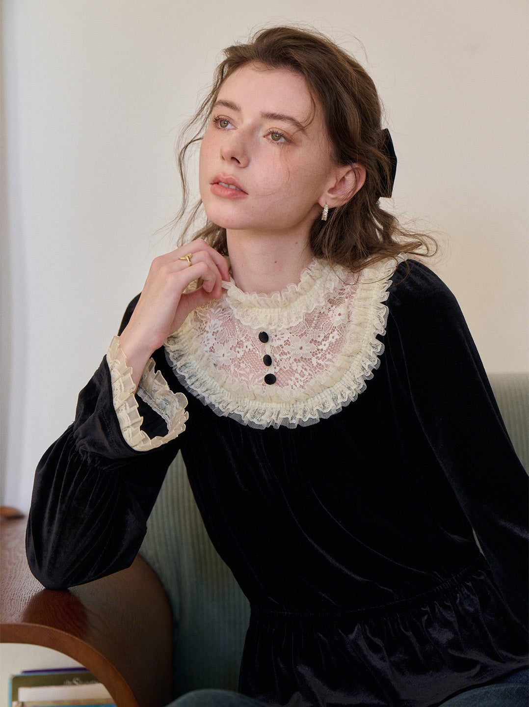 Elodie Lace Collar Velvet Blouse