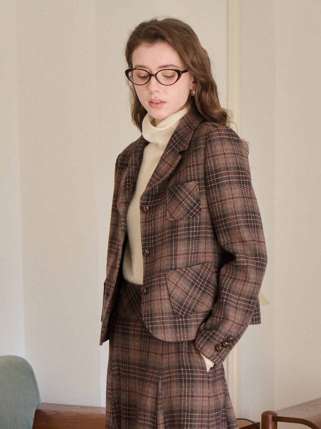 Aleah Notch Lapel Plaid Wool Jacket