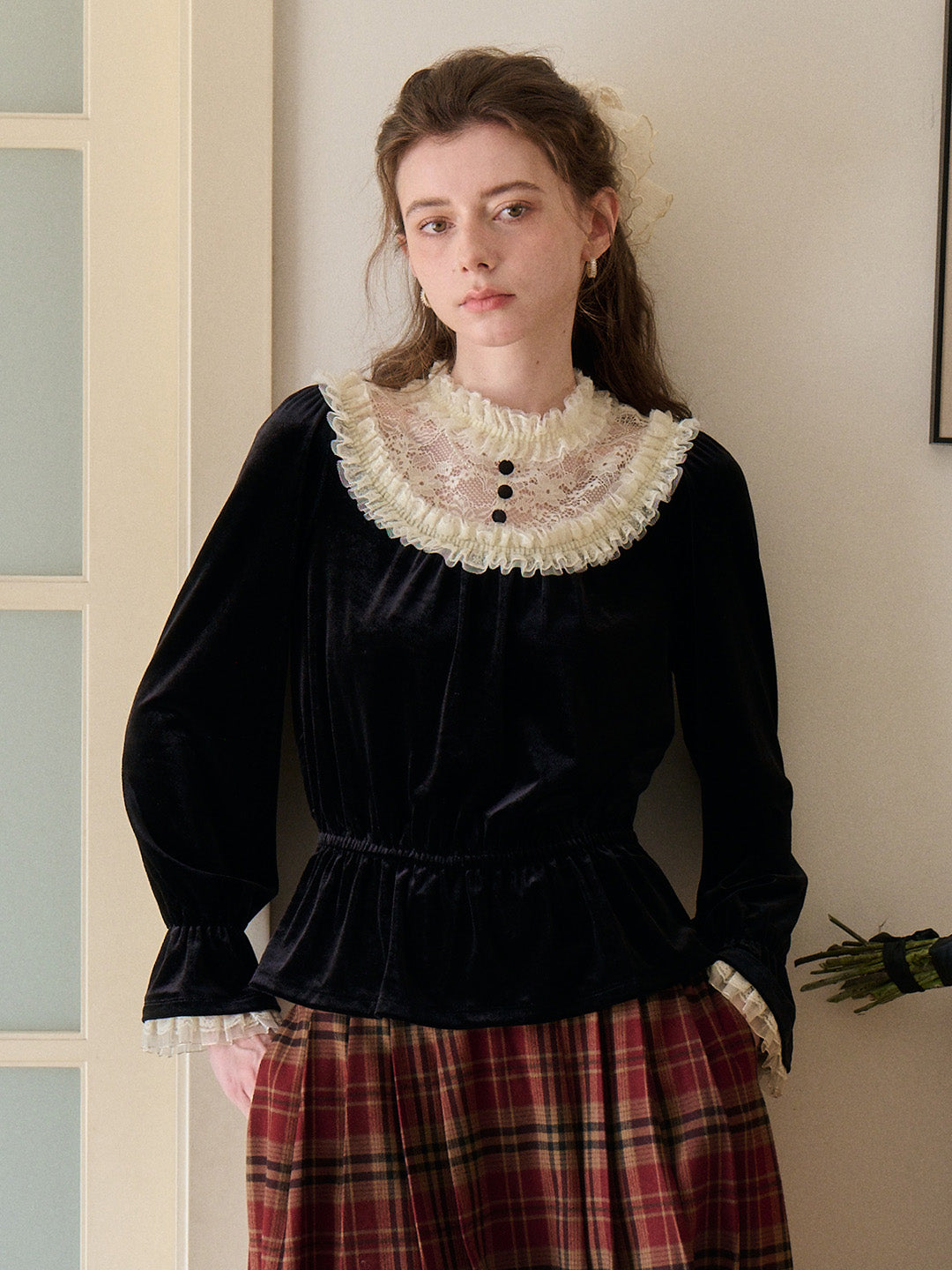 Elodie Lace Collar Velvet Blouse