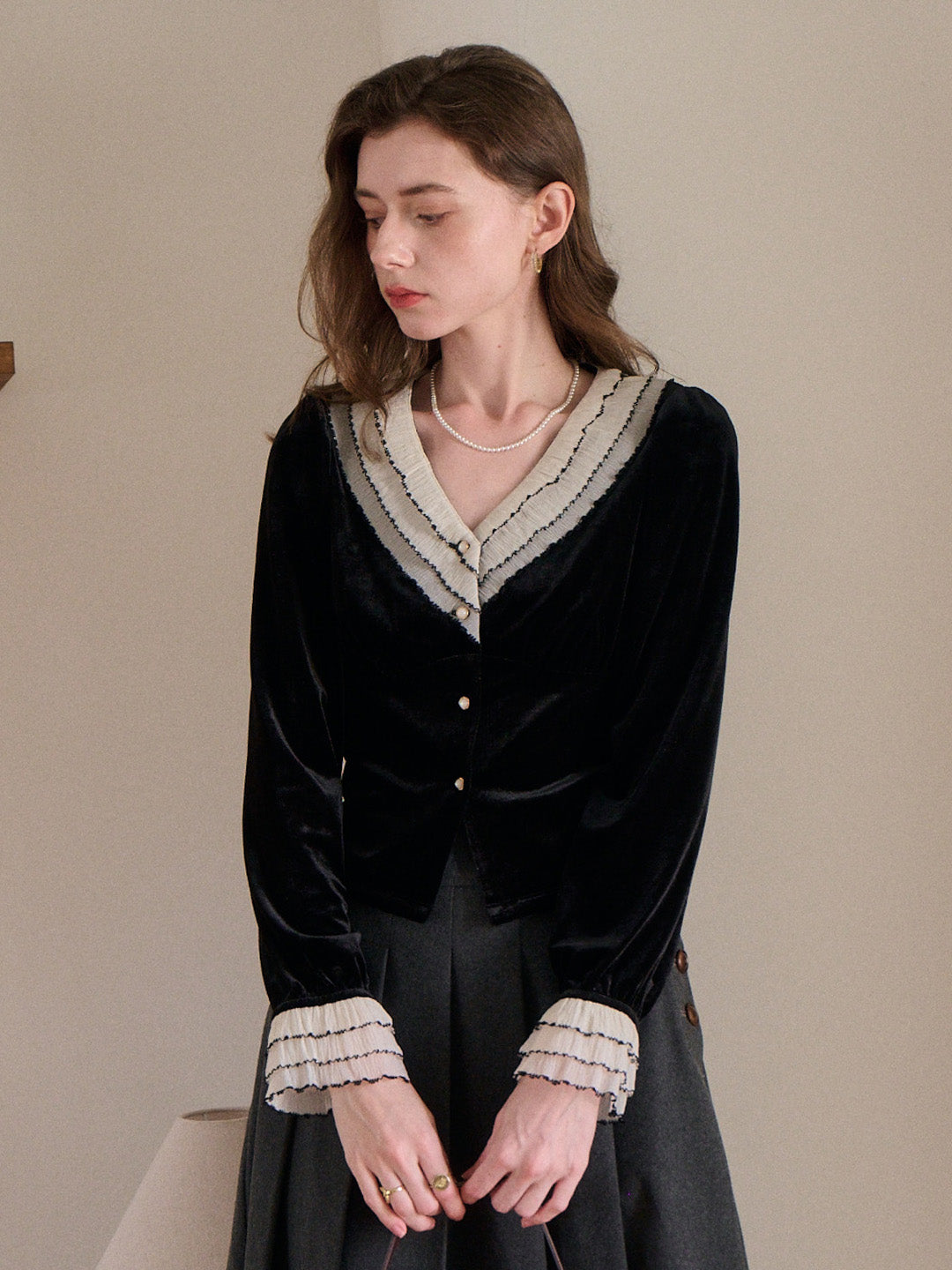 Angie V-Neck Velvet Blouse