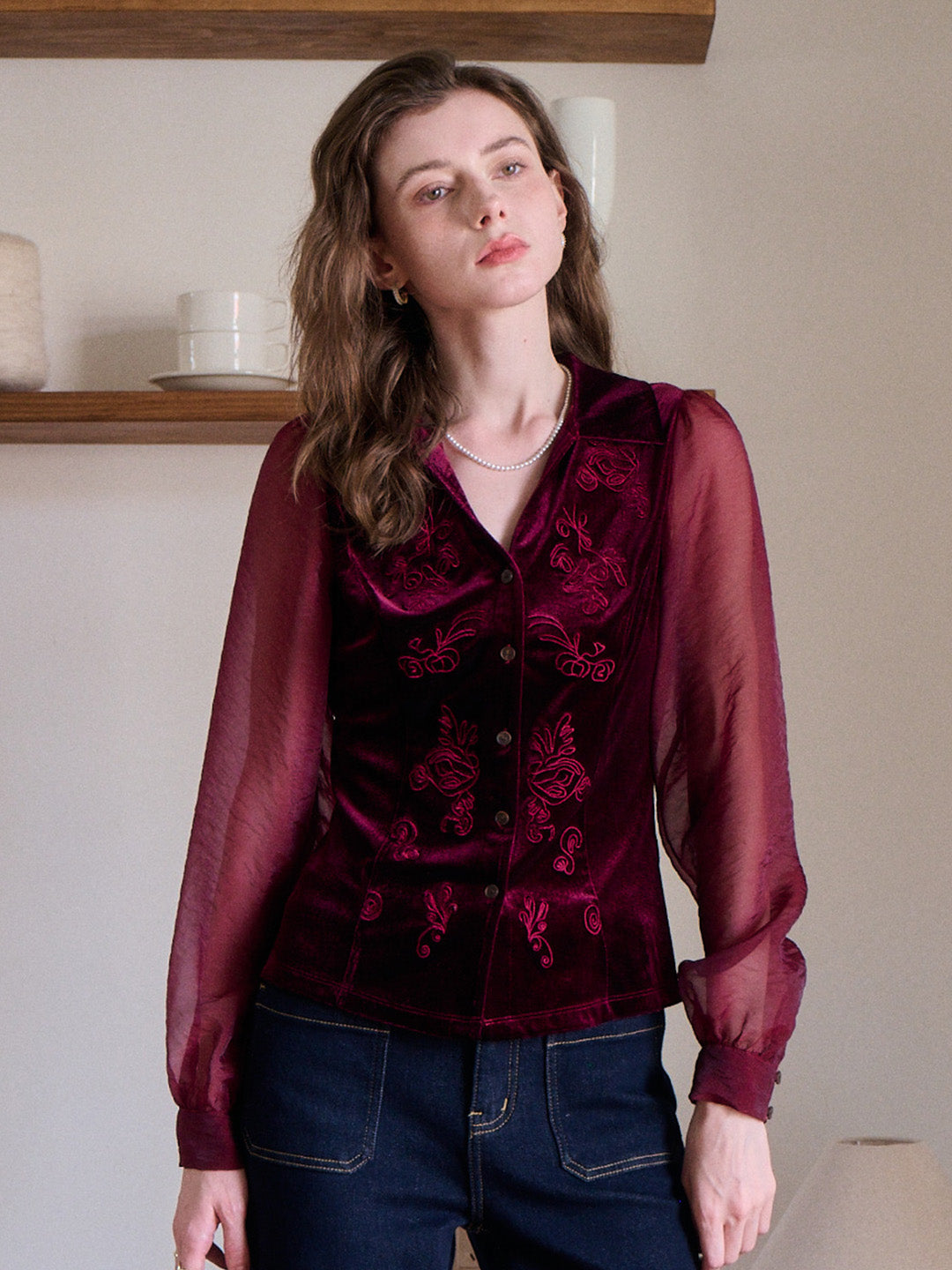 Sevyn V-Neck Velvet Blouse