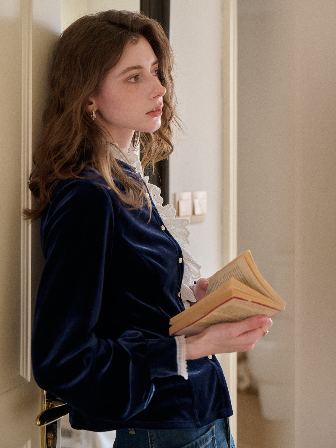 Karina Lace Neck Velvet Top