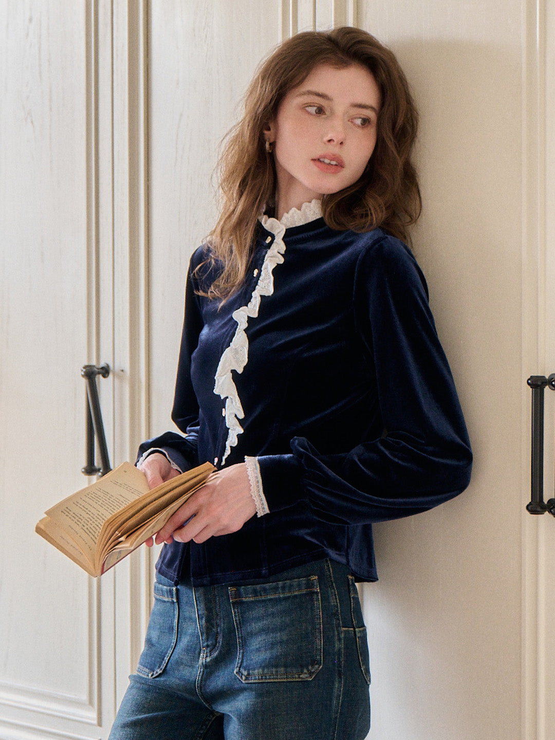 Karina Lace Neck Velvet Top