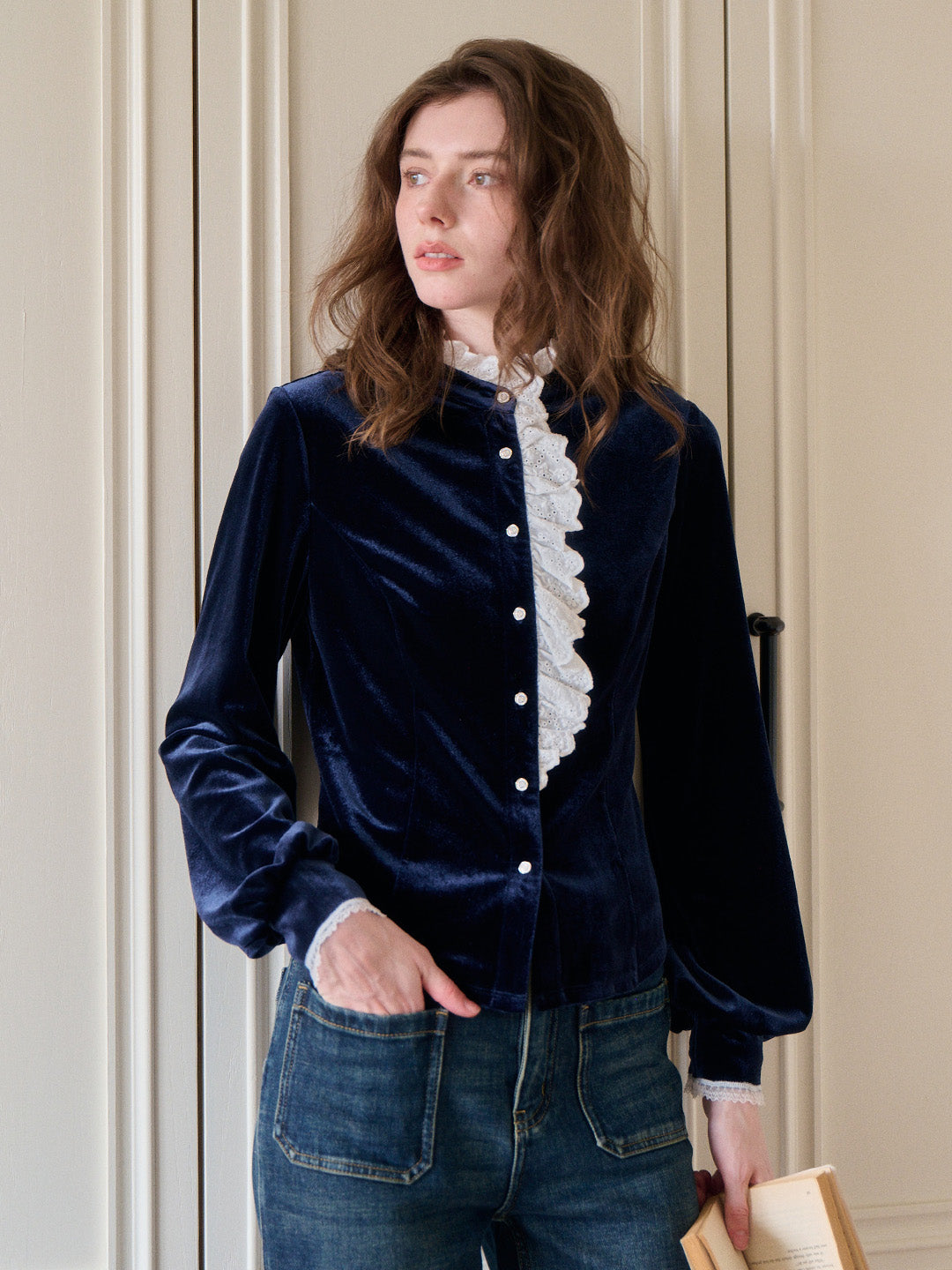 Karina Lace Neck Velvet Top