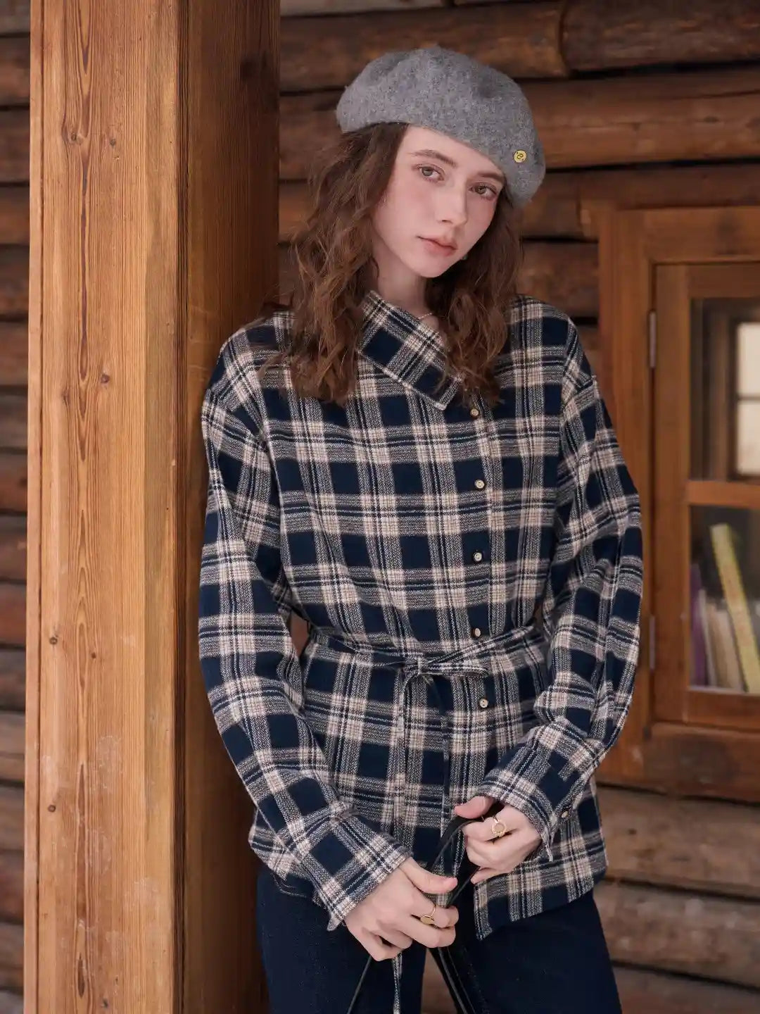 Samira Slanted Placket Plaid Cotton Blouse