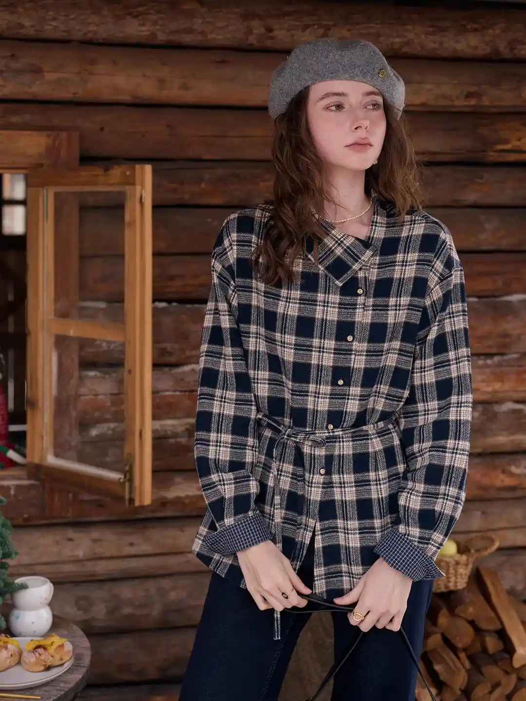 Samira Slanted Placket Plaid Cotton Blouse