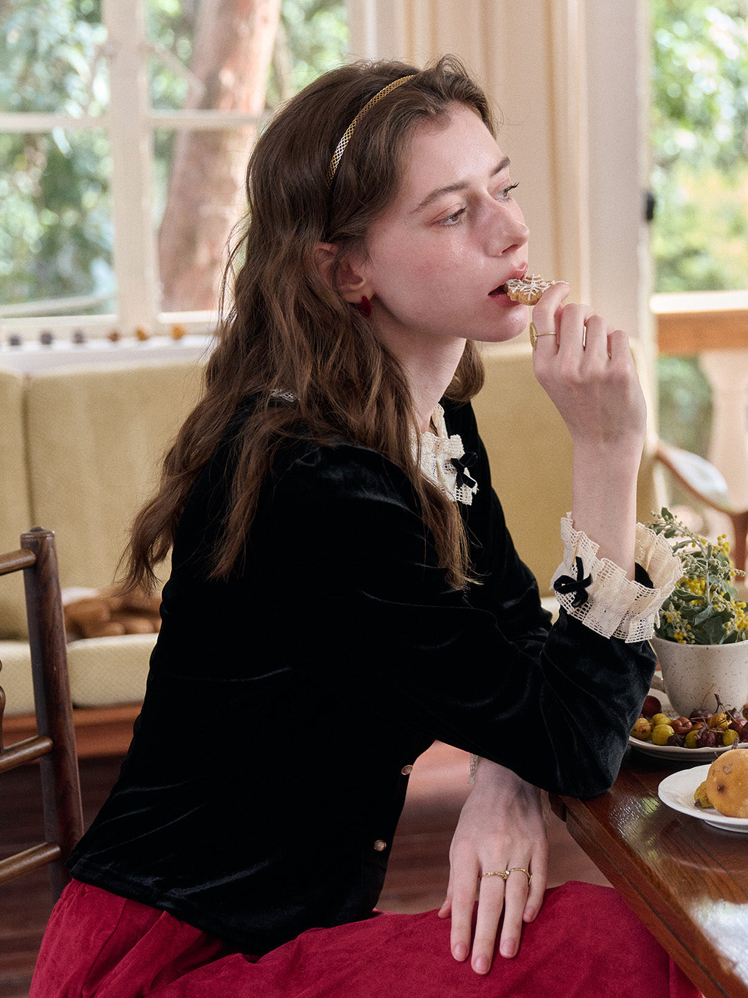 Azaria Round Collar Contrasting Lace Panel Bow Velvet Top - Black