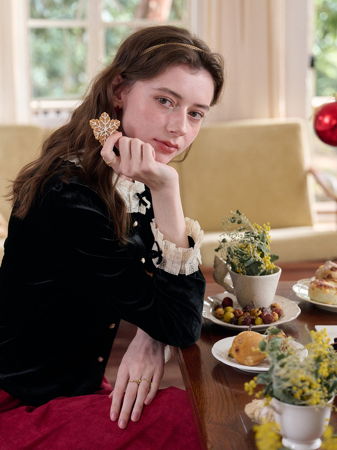 Azaria Round Collar Contrasting Lace Panel Bow Velvet Top - Black