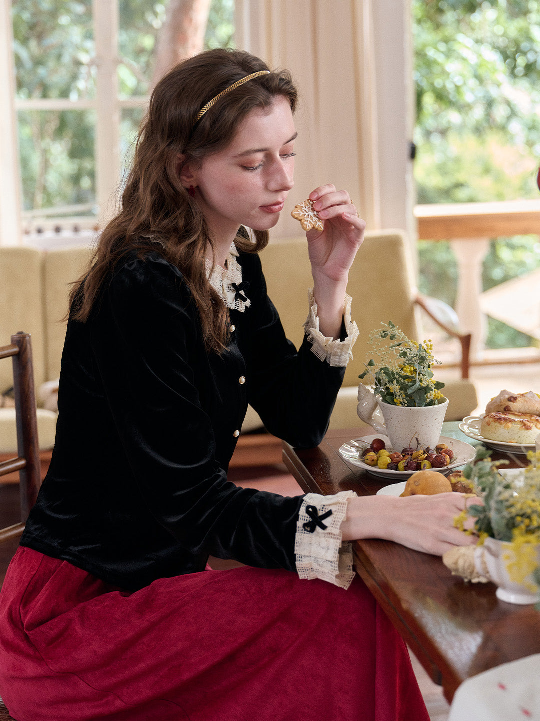 Azaria Round Collar Contrasting Lace Panel Bow Velvet Top - Black