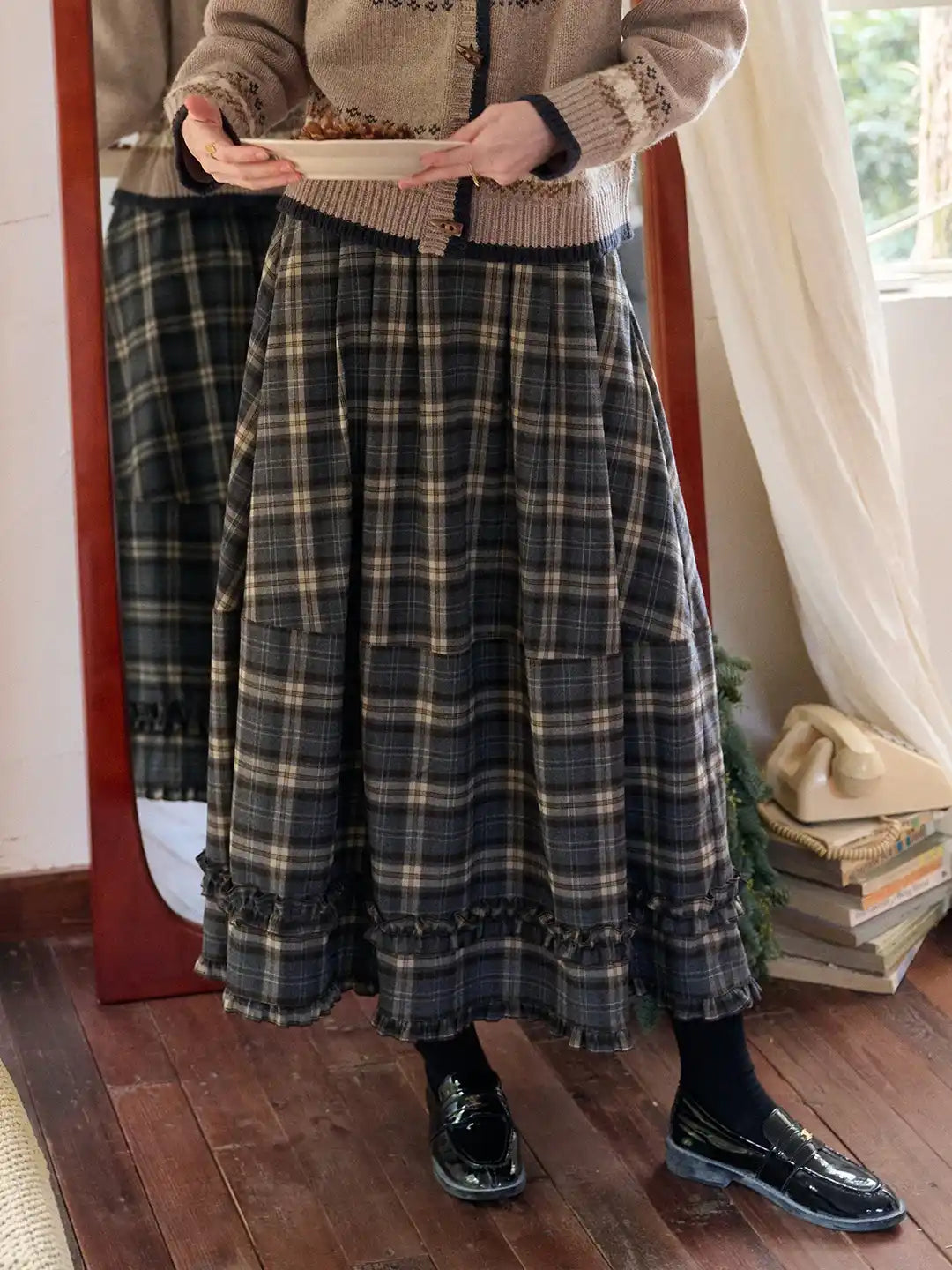 Pearl Ruffle Plaid Skirt