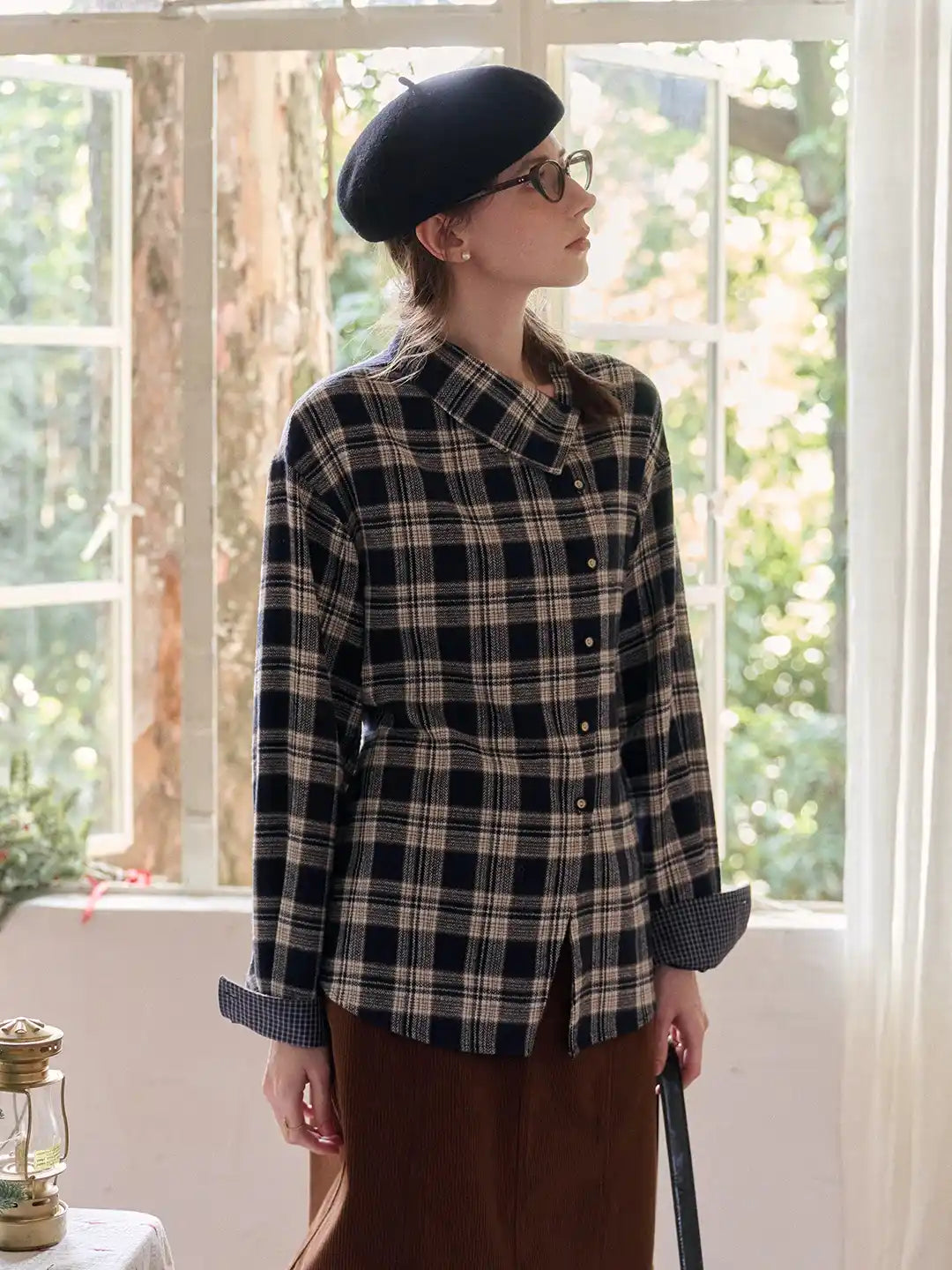 Samira Slanted Placket Plaid Cotton Blouse