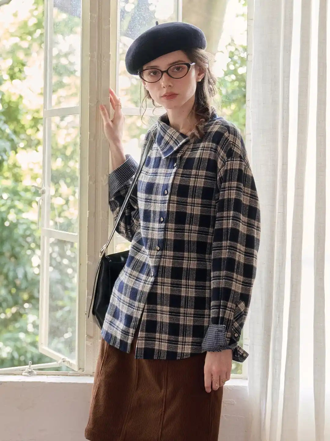 Samira Slanted Placket Plaid Cotton Blouse
