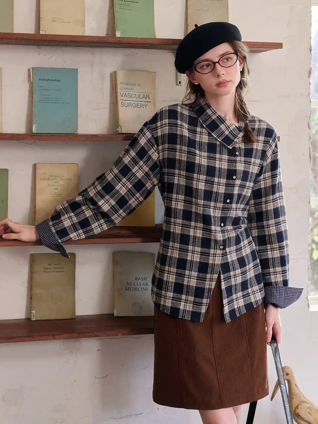 Samira Slanted Placket Plaid Cotton Blouse