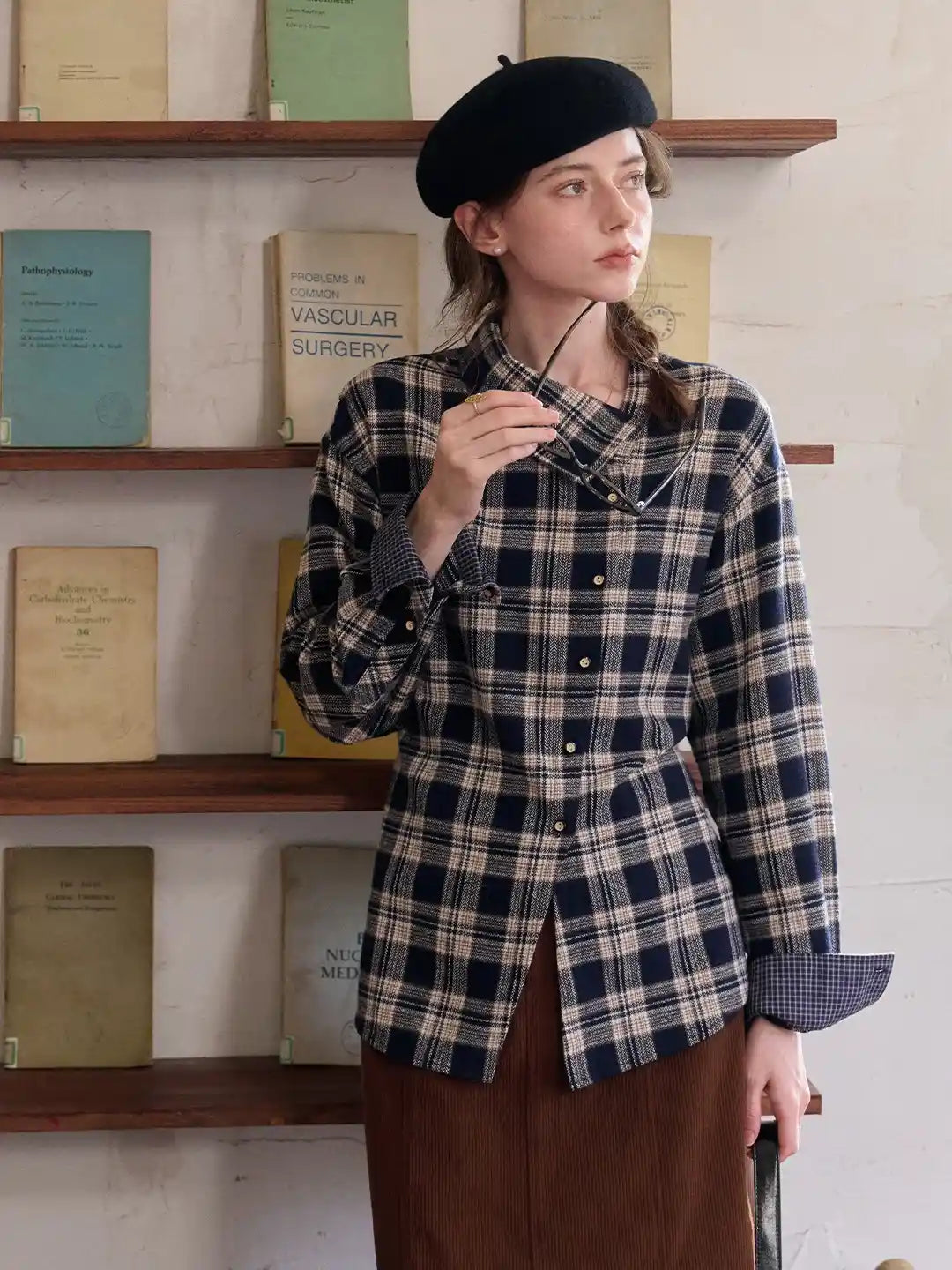Samira Slanted Placket Plaid Cotton Blouse