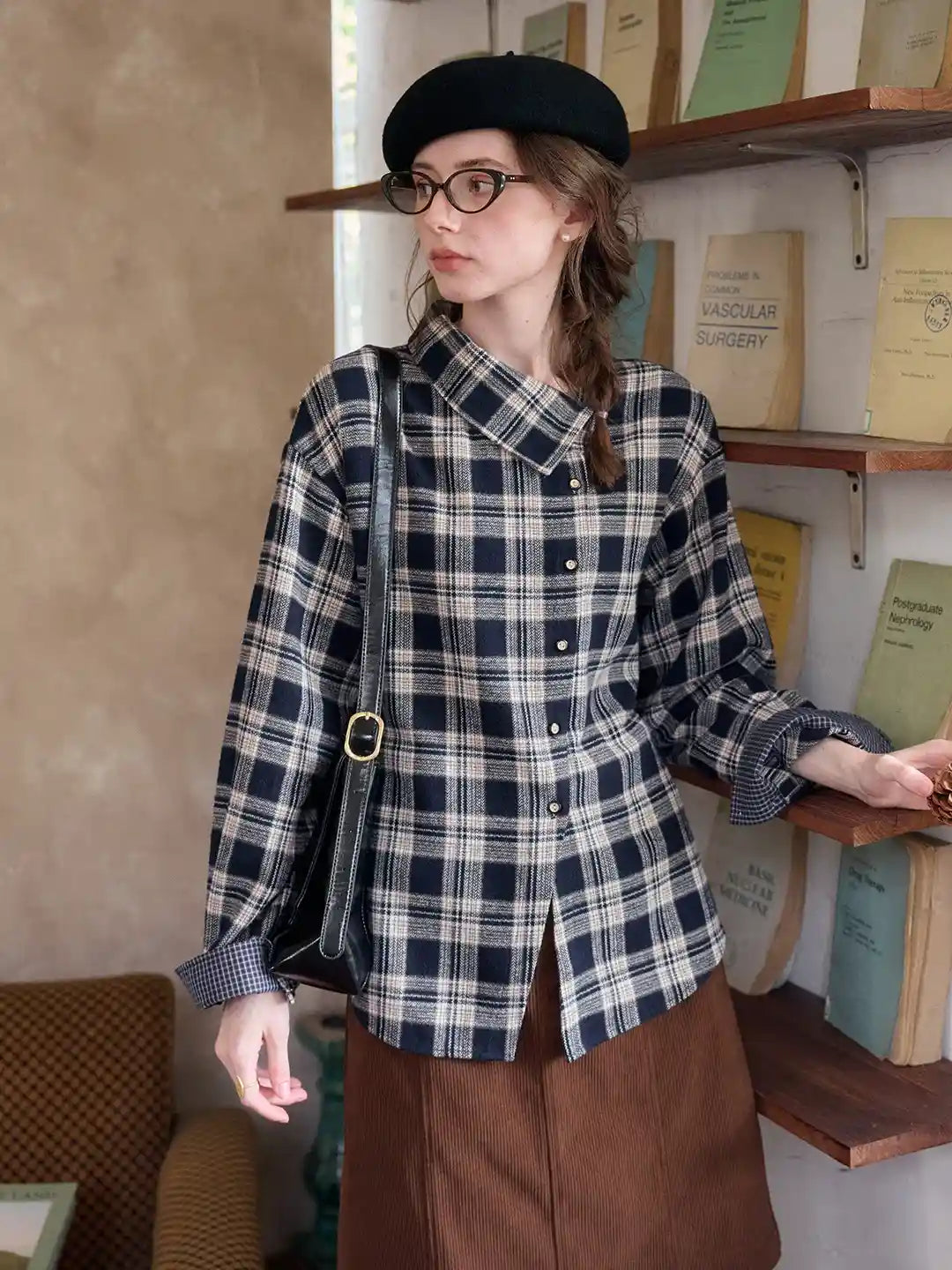 Samira Slanted Placket Plaid Cotton Blouse