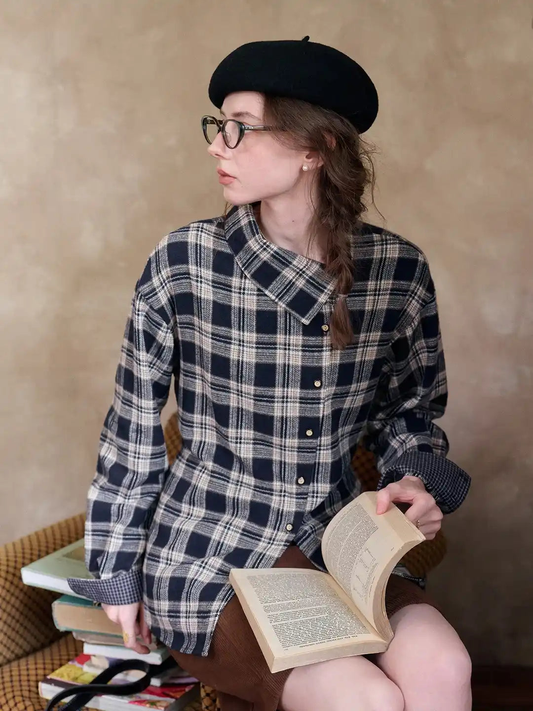Samira Slanted Placket Plaid Cotton Blouse