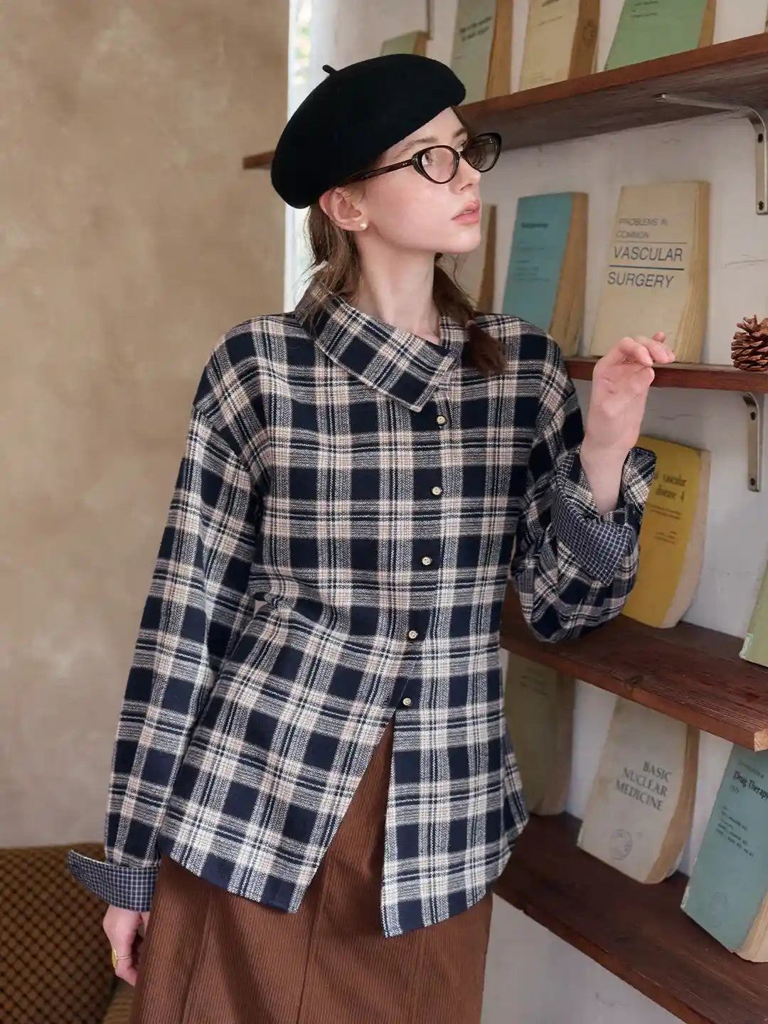 Samira Slanted Placket Plaid Cotton Blouse