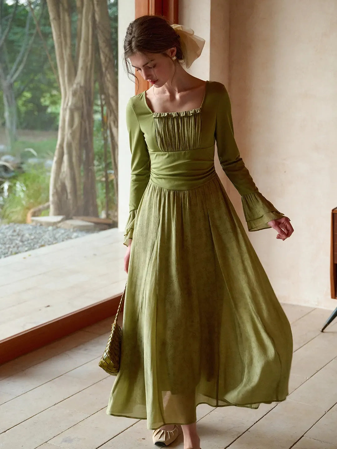 green emerald velvet dress Altitude Shirred Maxi Dress