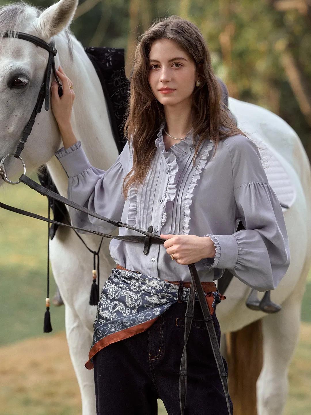 Henley Ruffle Collar Lyocell Blouse