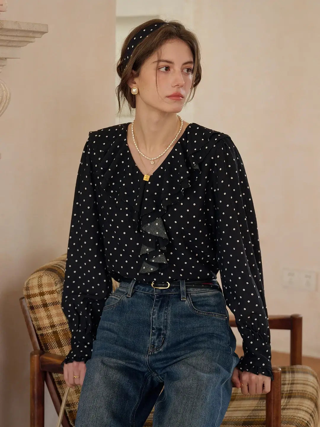 Keily V-Neck Dots Delicate Scarf Blouse