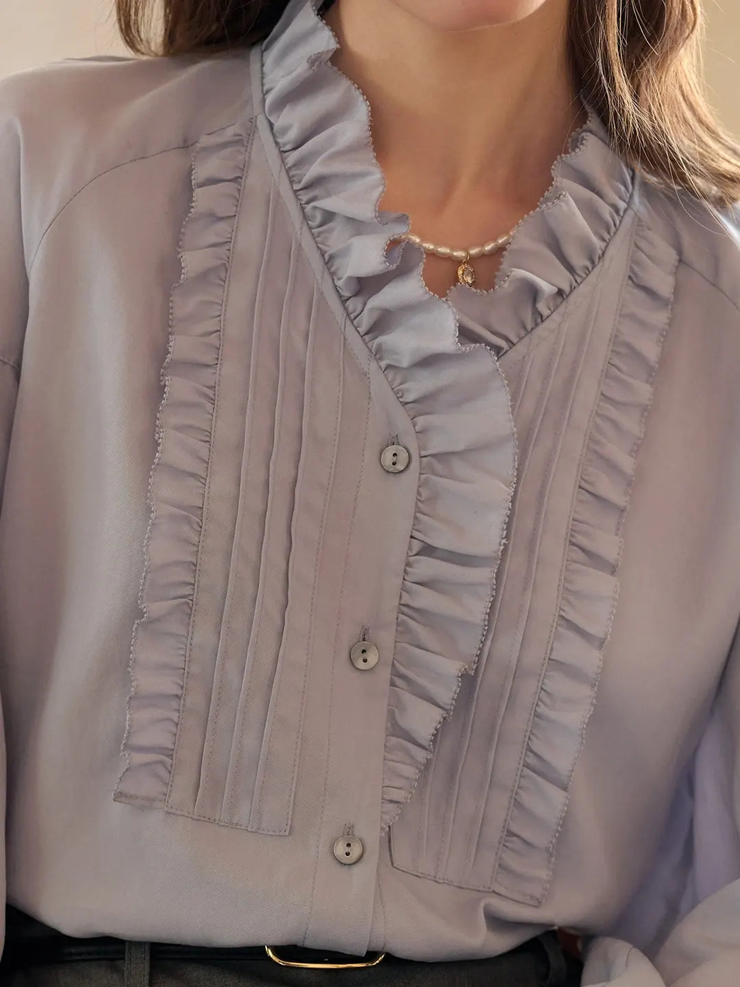 Henley Ruffle Collar Lyocell Blouse