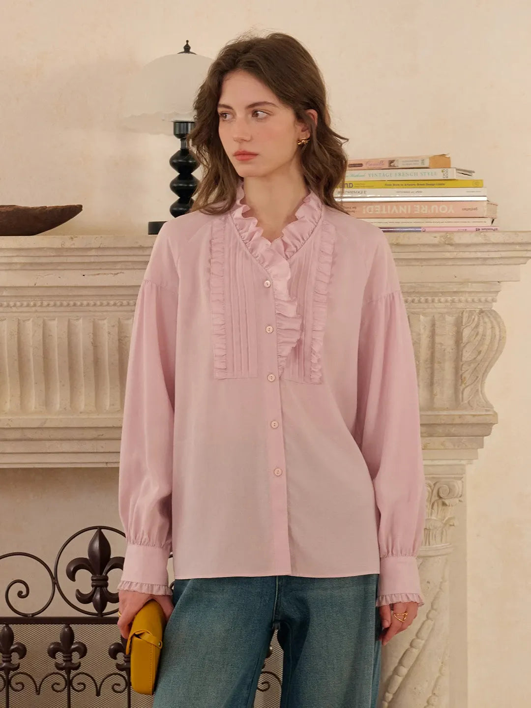 Henley Ruffle Collar Lyocell Blouse