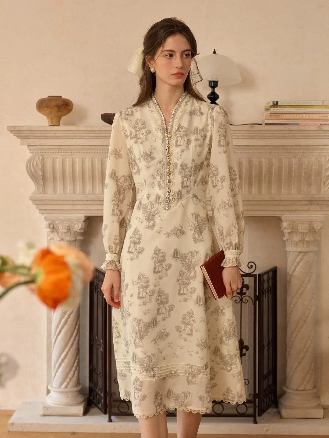 Lyric Printed Stand Collar Dark Apricot Midi Dress