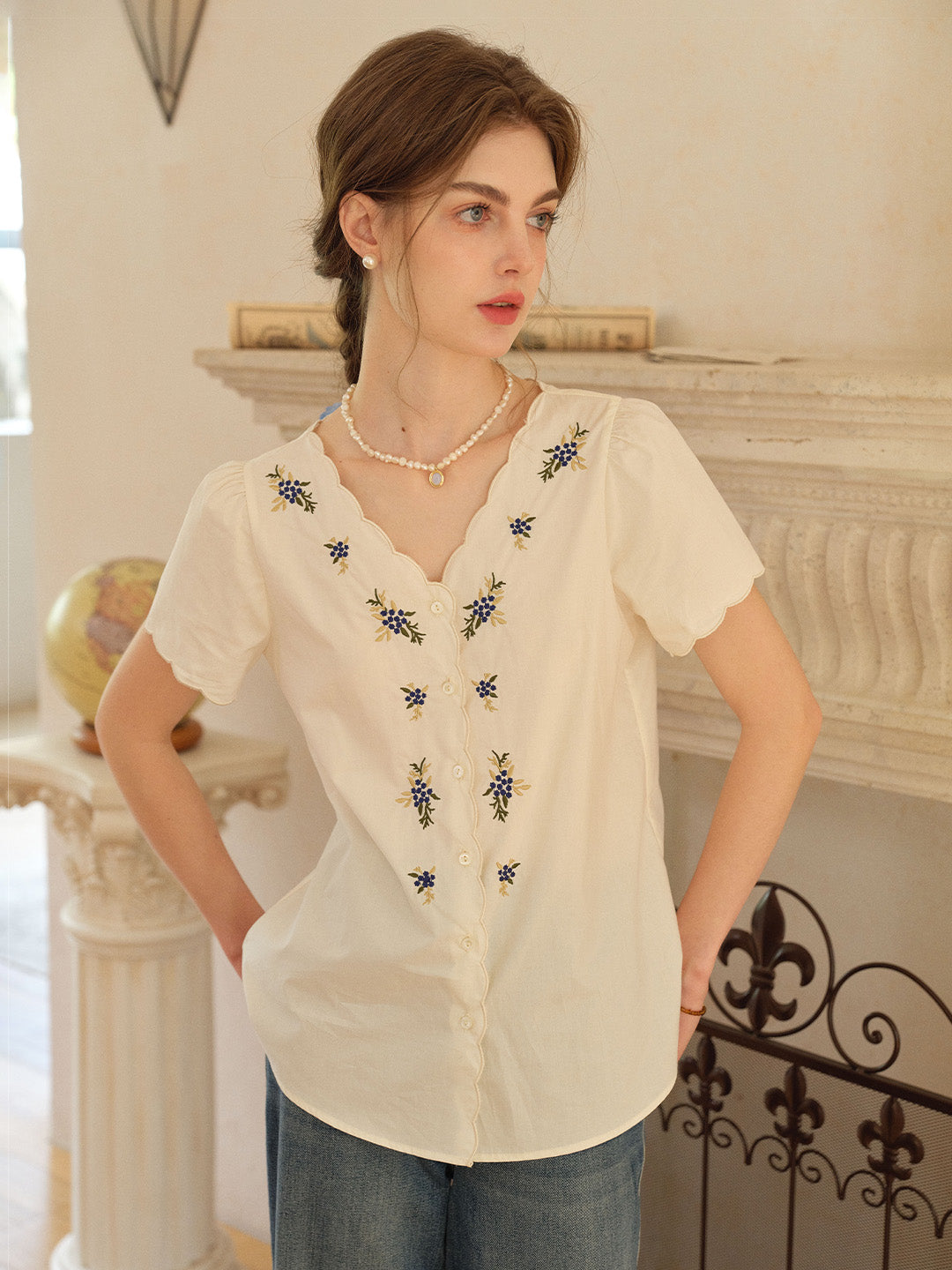 Daphne V-Neck Embroidered 100% Blouse