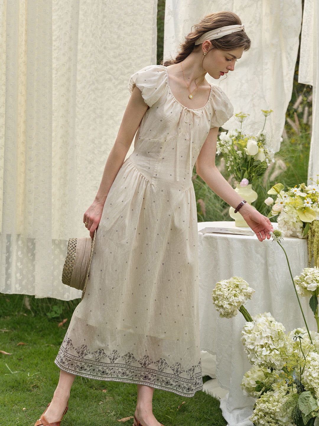 Gabriella Round Neck Printed Linen Dress