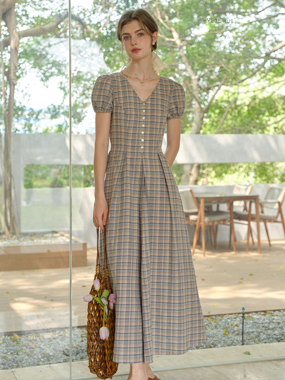 Nyra V-Neck Plaid 100% Cotton Dress