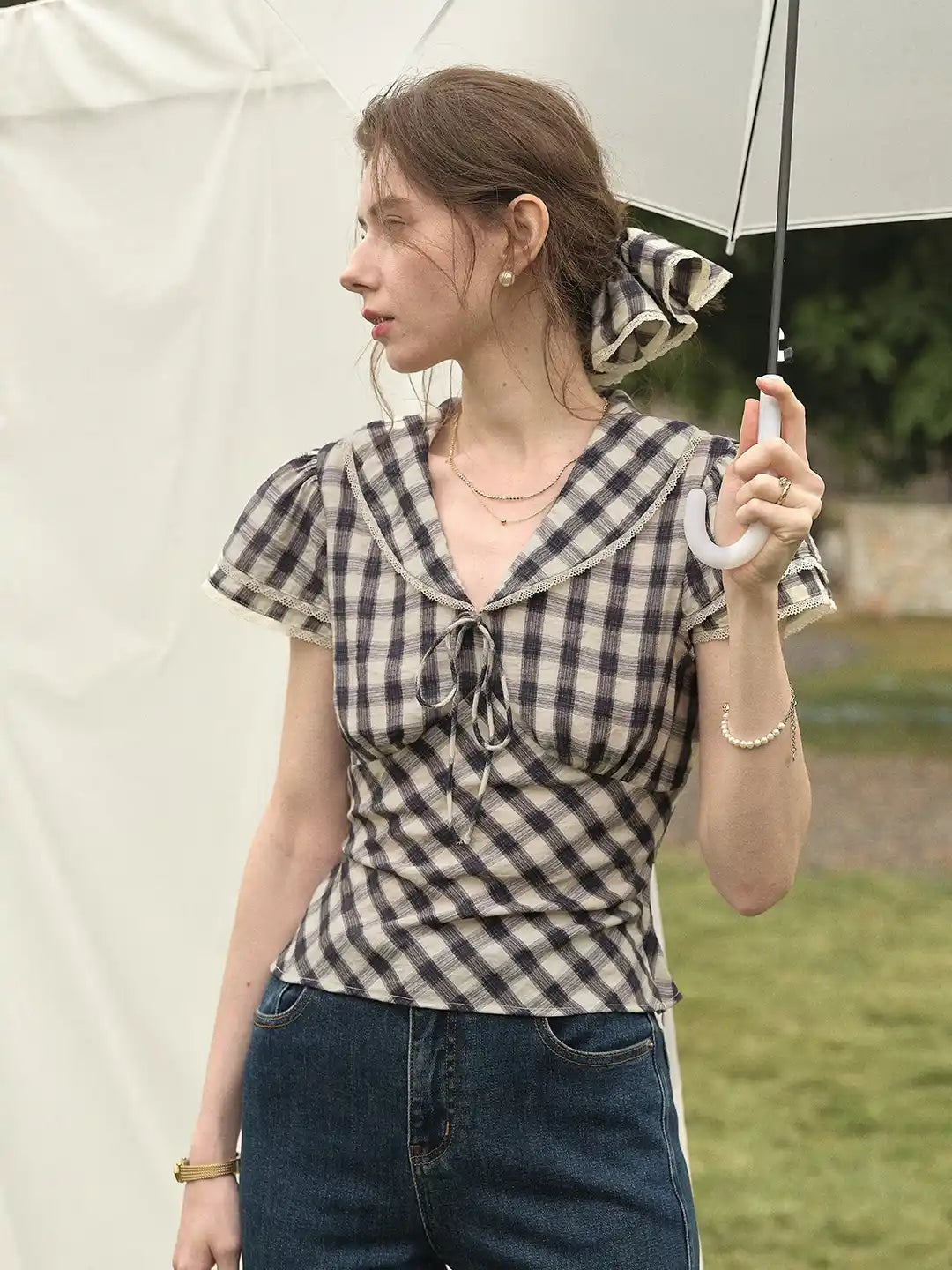 Luisa V-Neck Plaid Blouse