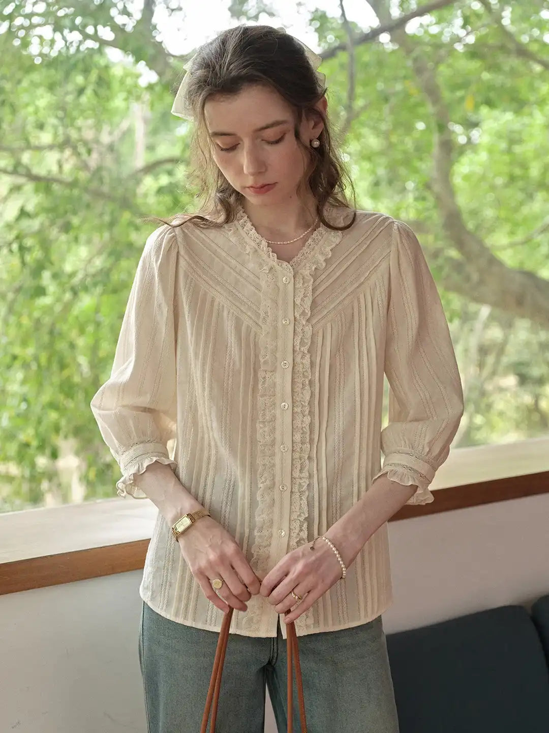 Emiliana Lace Neck Pleated Blouse