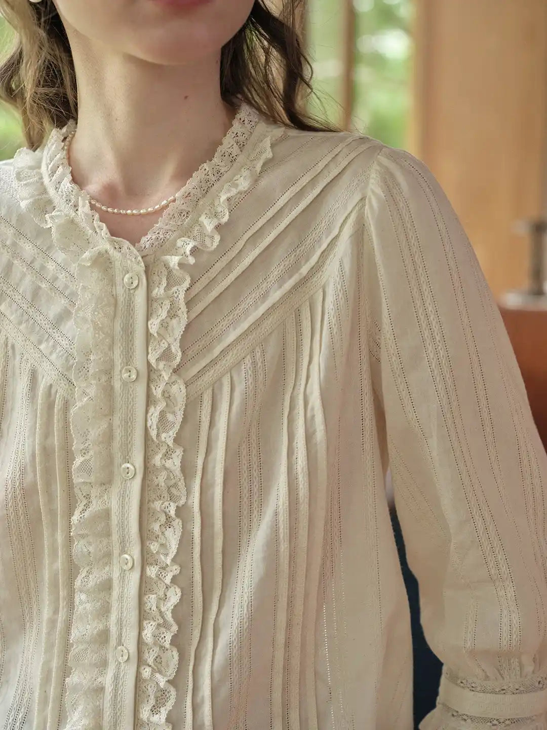 Emiliana Lace Neck Pleated Blouse
