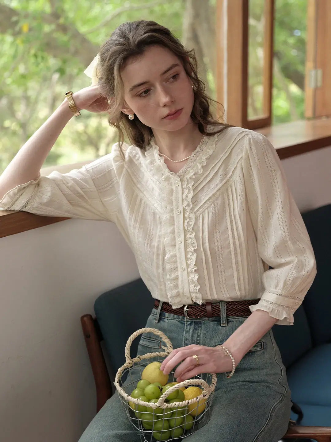 Emiliana Lace Neck 100%Cotton Blouse
