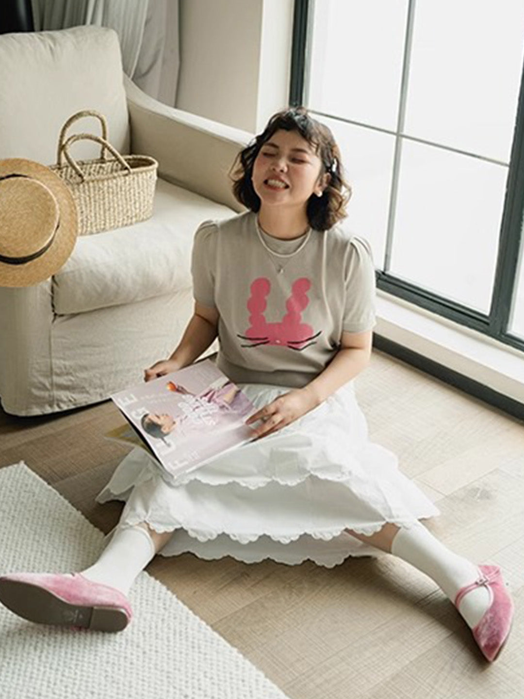 Chowxiaodou Puff-Sleeve Knit Linen T-Shirt