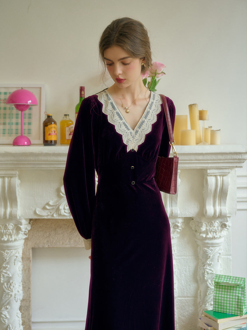 Kristen Elegant V-Neck Contrasting Lace Velvet Dress