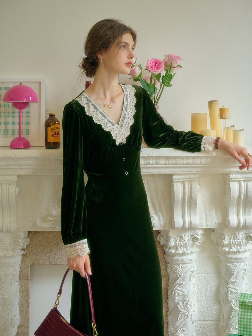 Kristen Elegant V-Neck Contrasting Lace Velvet Dress