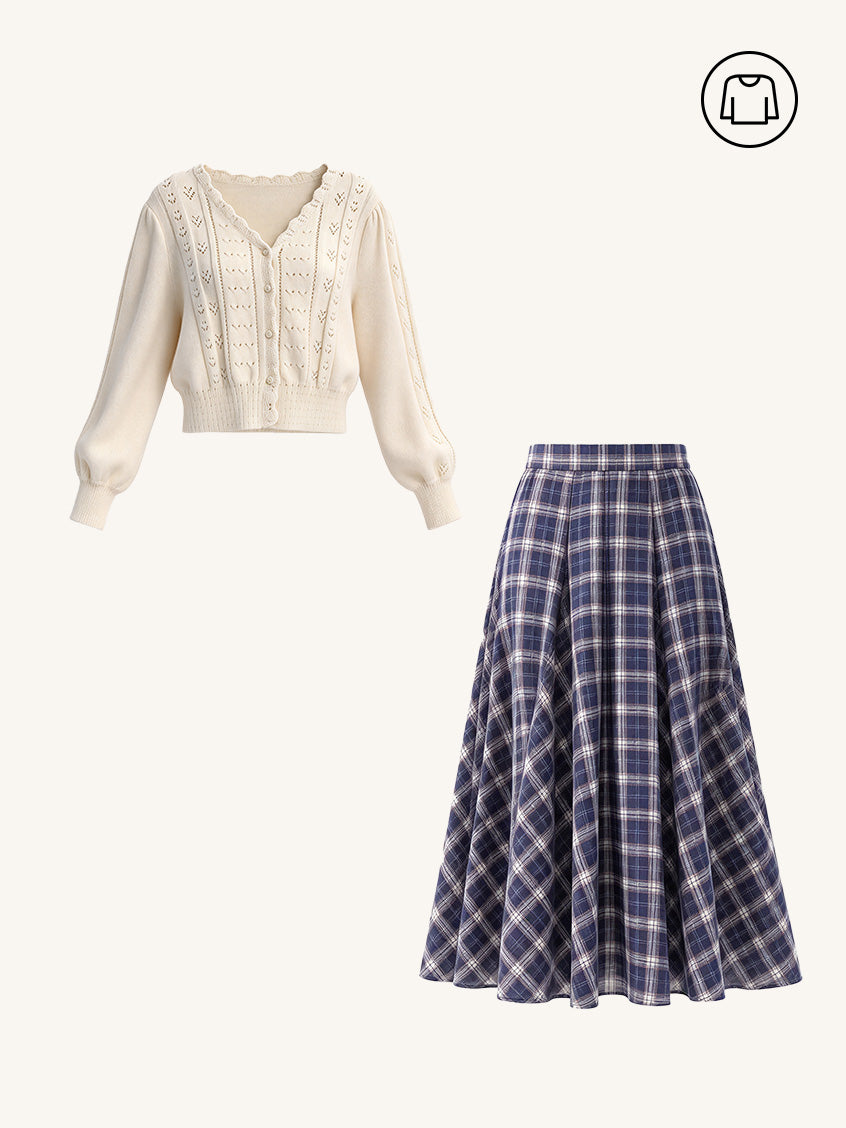 2Pcs Set Amira Wave V-neck Cotton Knitted Cardigan&Abigail Plaid Cotton Skirt