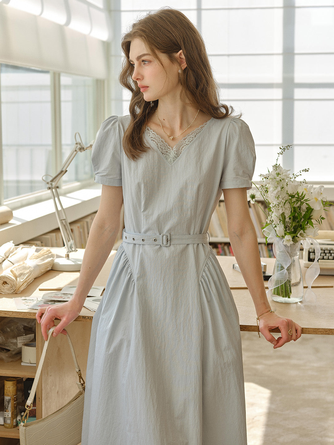 Juno V-Neck Lace Belted Waist Cotton Dress
