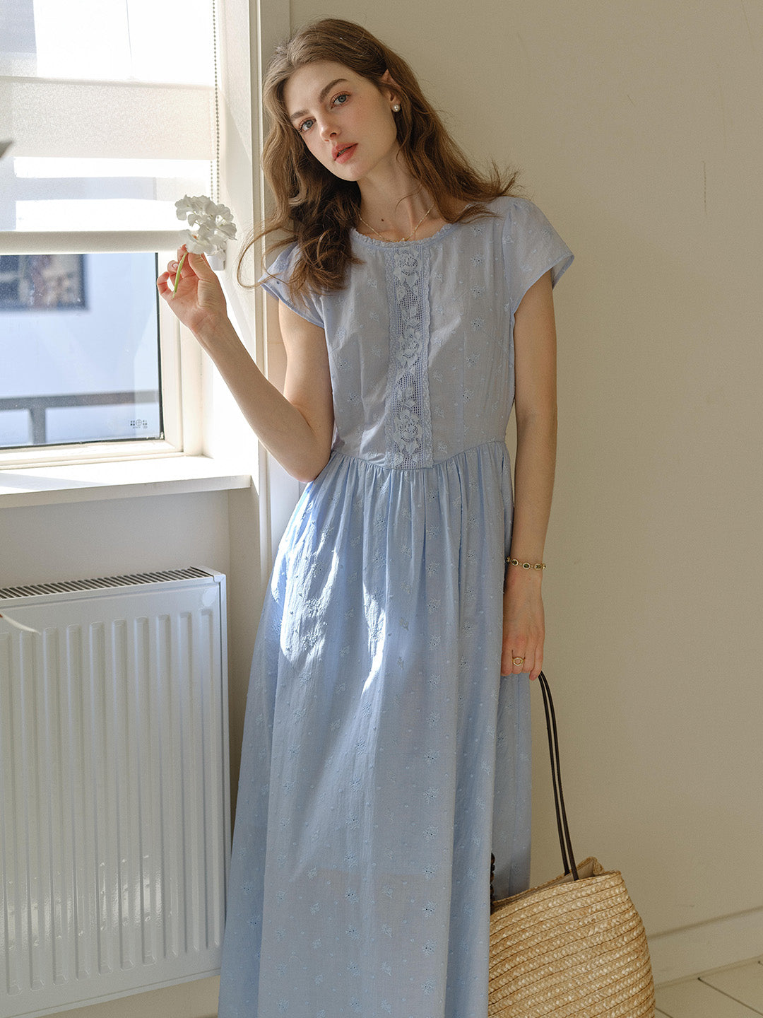 Malia Round Neck Lace Embroidered 100% Cotton Dress, Light Blue (Pre-oder) / L