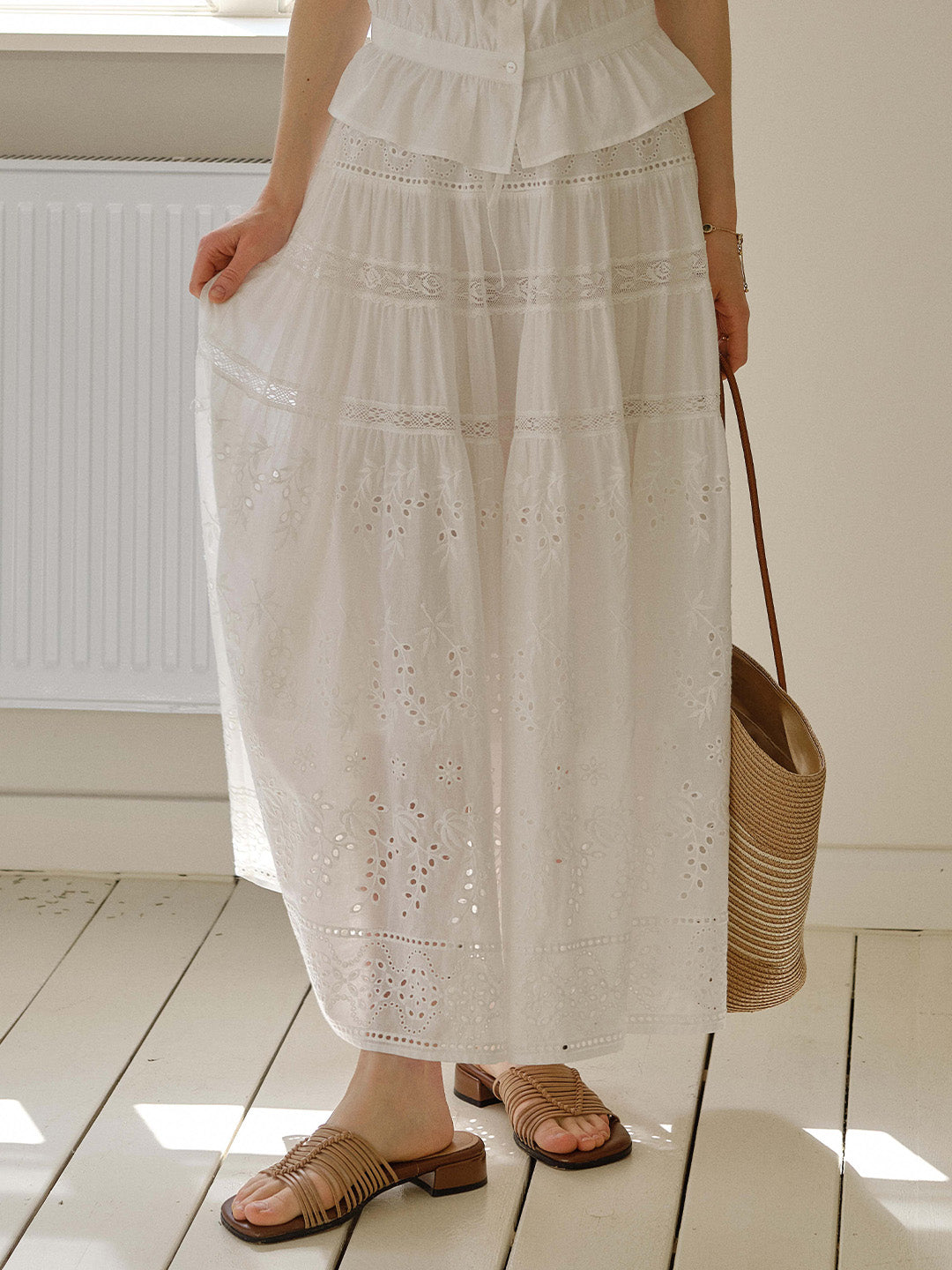 Samara Hollow Lace Embroidered 100% Cotton Skirt