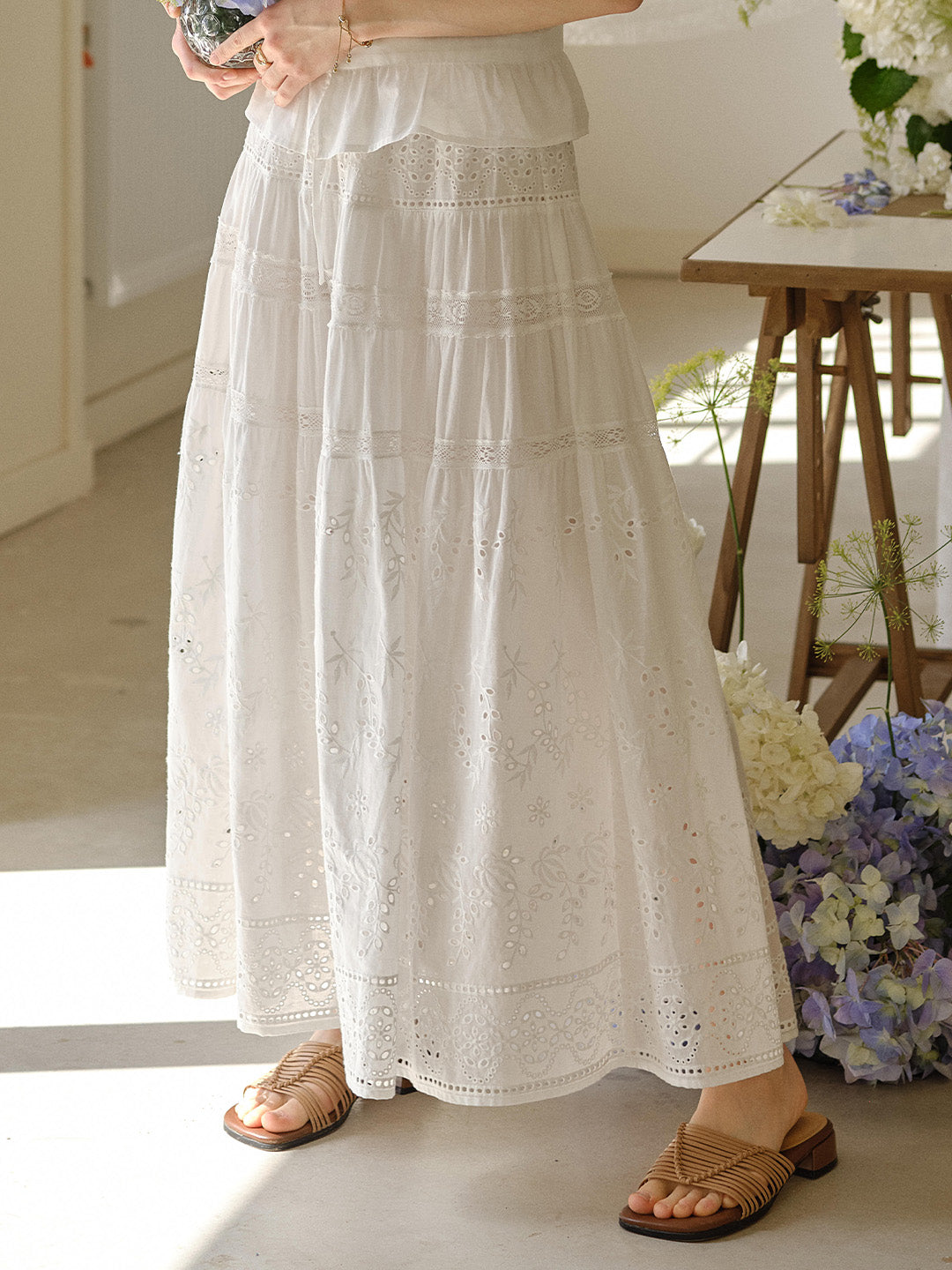 Samara Hollow Lace Embroidered 100% Cotton Skirt
