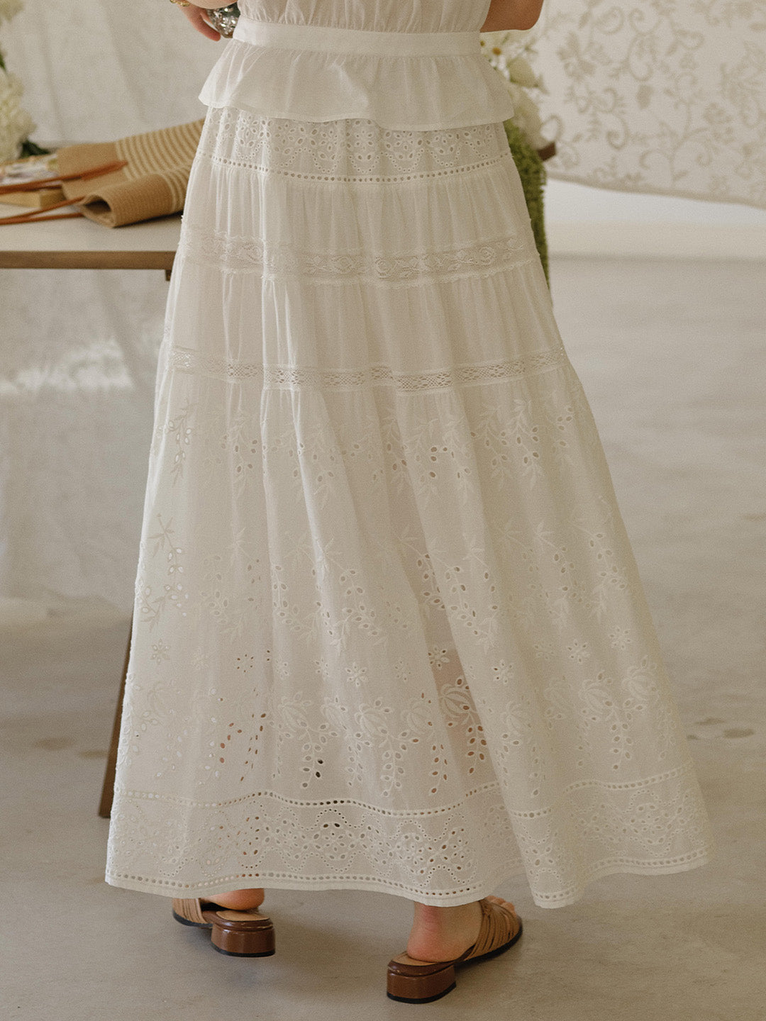 Samara Hollow Lace Embroidered 100% Cotton Skirt