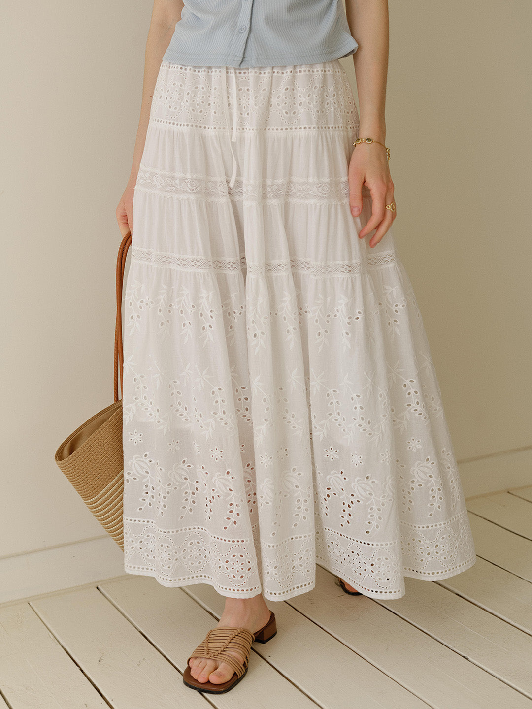 Samara Hollow Lace Embroidered 100% Cotton Skirt