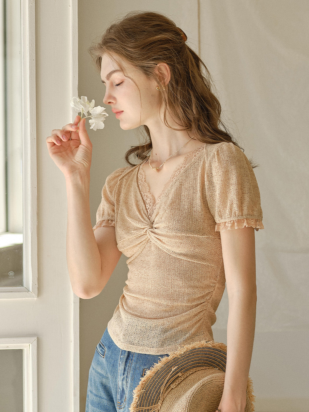 Mallory V-Neck Knotted Linen Blouse