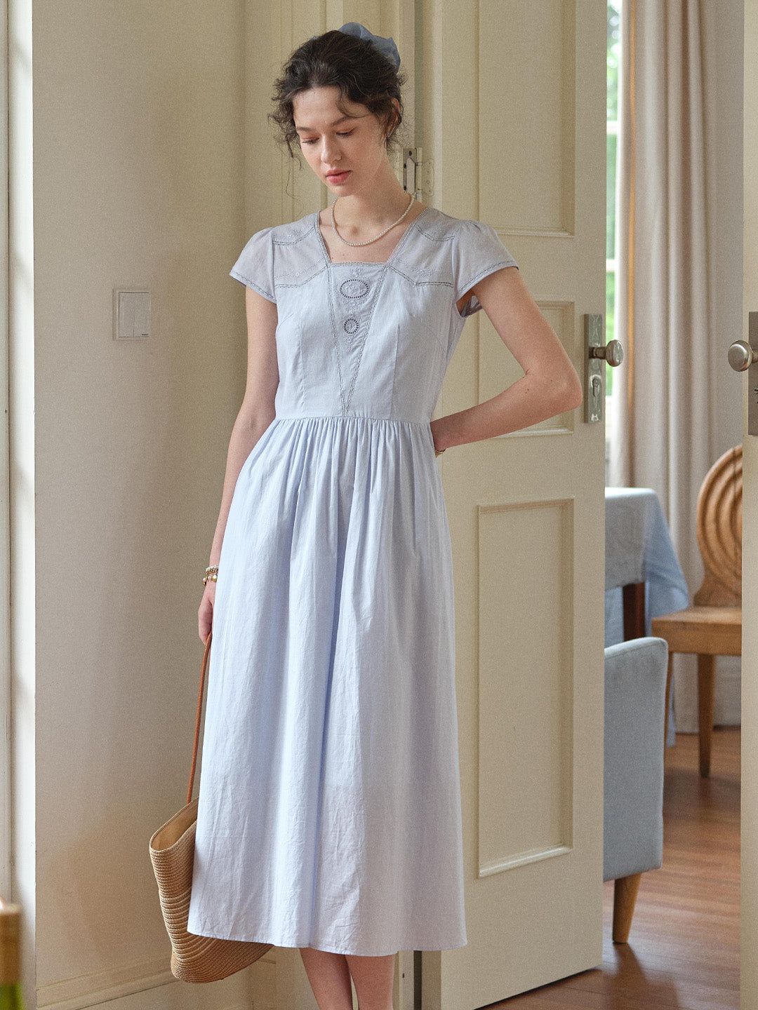 Kaia Square Neck Embroidery Dress
